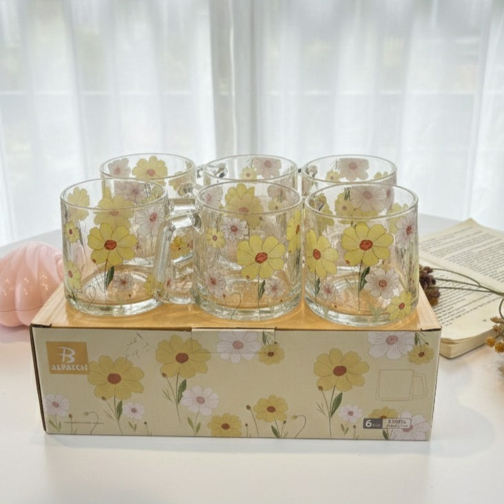 Set Of Glassy Flowery Cup Yellow