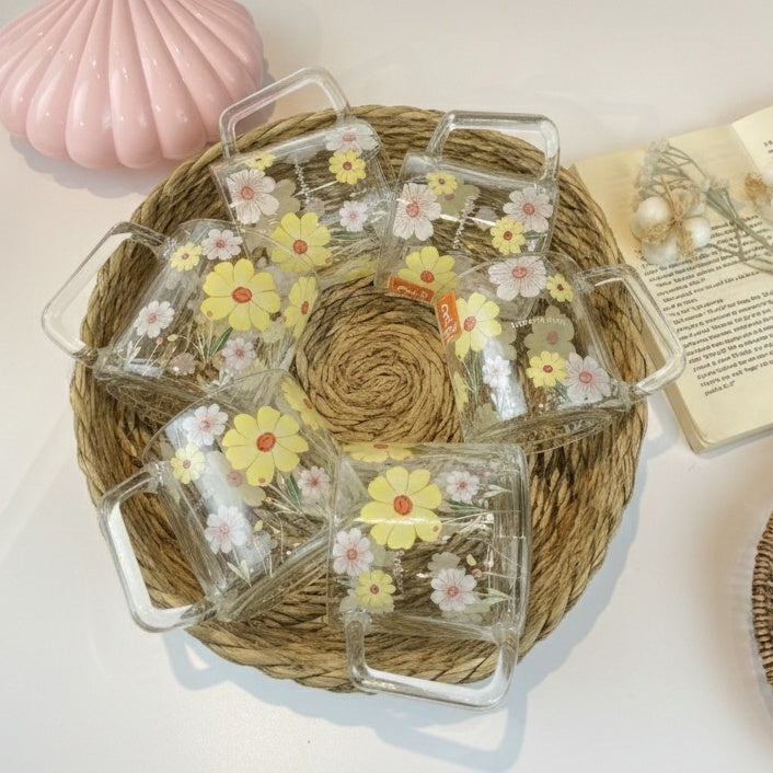 Set Of Glassy Flowery Cup Yellow