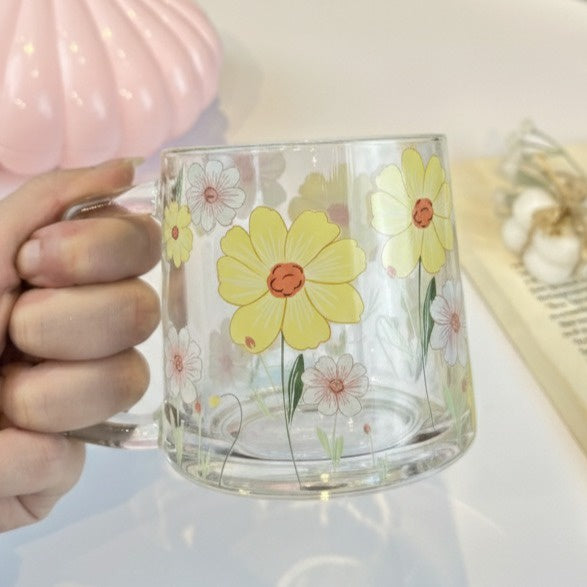 Set Of Glassy Flowery Cup Yellow