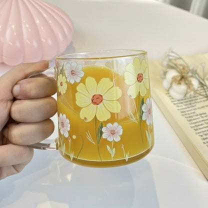 Set Of Glassy Flowery Cup Yellow
