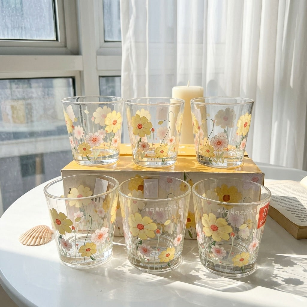 Yellow Tiny Glass Flowery Cup(Set)
